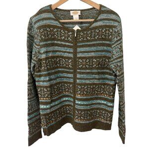 Talbots Womens Fair Isle Lambswool Zip Cardigan Size L Cottagecore Cozy Winter